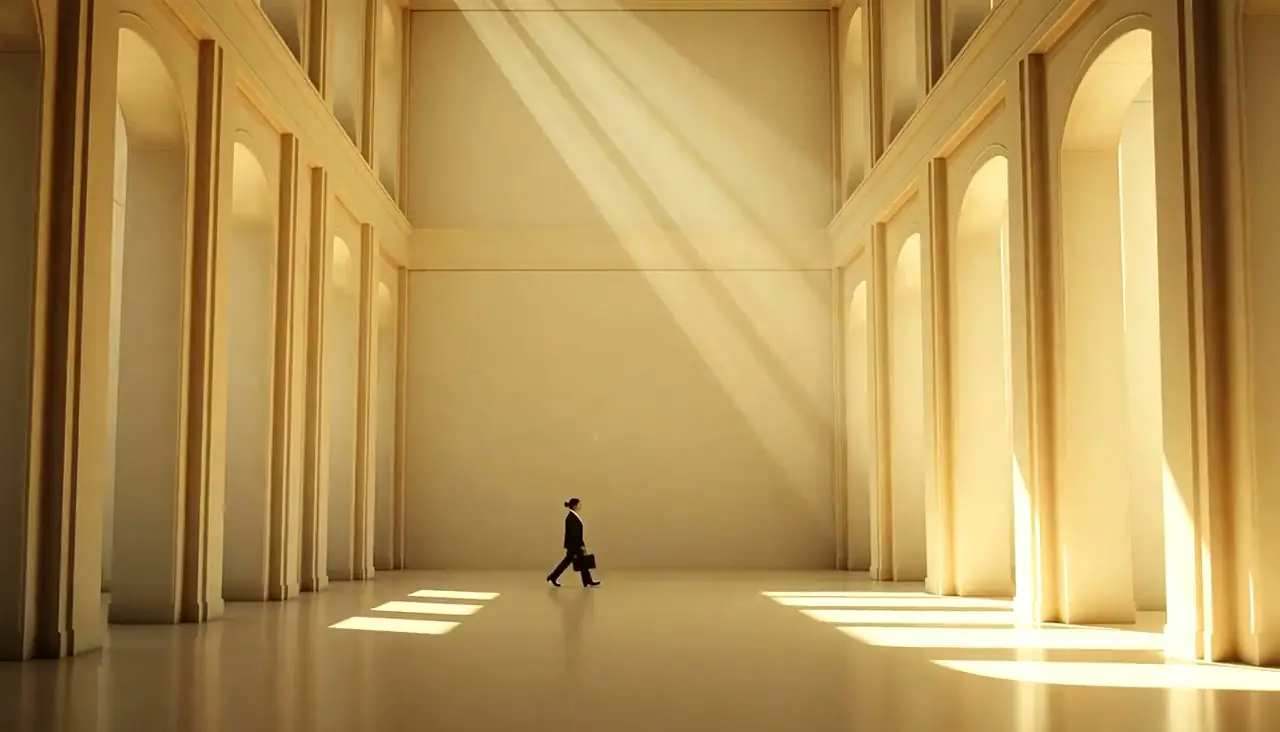 Commercial scenting in a sunlit hall with drifting sheer curtains as a visitor crosses the floor